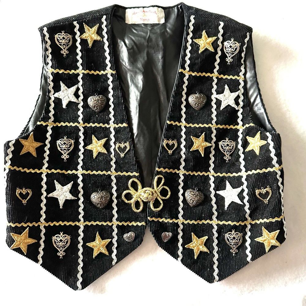 Handmade Boy‎ Girl Corduroy Vest Small 8 Black Embellished Gold Silver Charms
